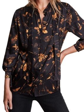 ALLSAINTS
Toni Heligan Leaf Print Blouse In Black Gold Sz 6